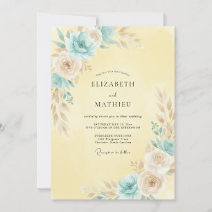 Convite Casamento de Ranúnculo de Eucalipto Aqua Amarelo P