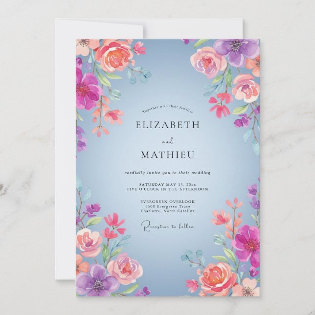 Convite Casamento de Ranúnculo de Eucalipto Azul-rosa Pêss (Frente)