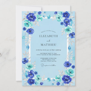Convite Casamento de Ranúnculo de Eucalipto Cobalto Azul