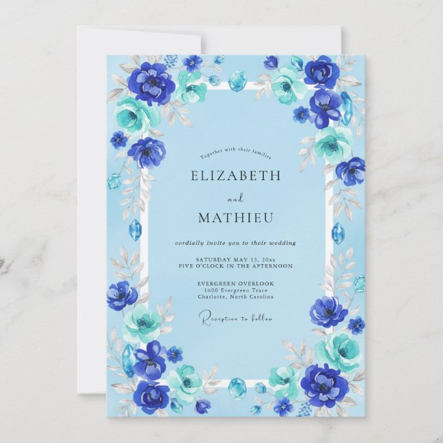 Convite Casamento de Ranúnculo de Eucalipto Cobalto Azul (Frente)