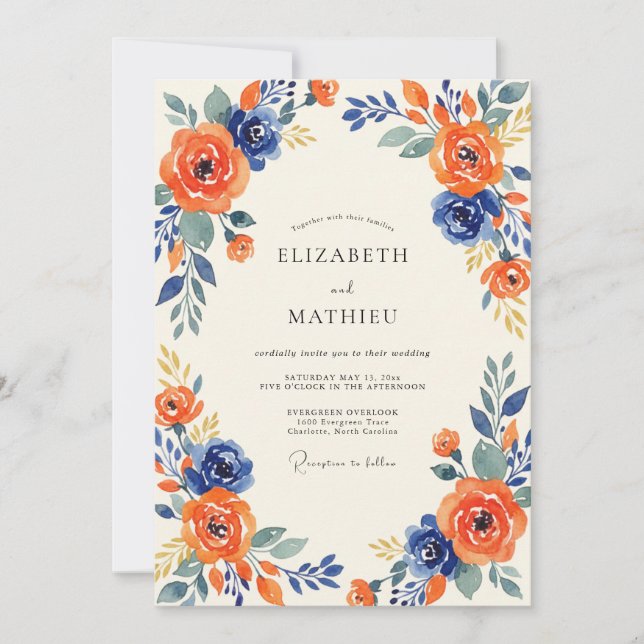 Convite Casamento de Ranúnculo de Eucalipto Navy Âmbar (Frente)
