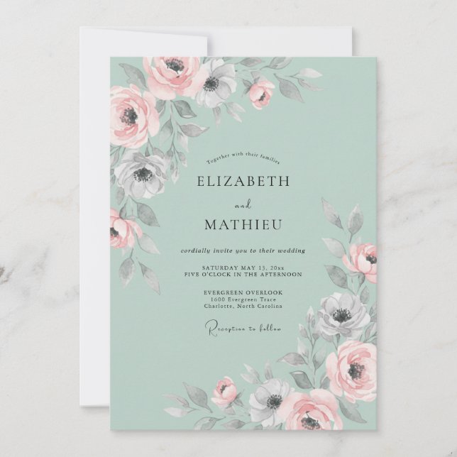 Convite Casamento de Ranúnculo de Eucalipto Pastel Menta (Frente)