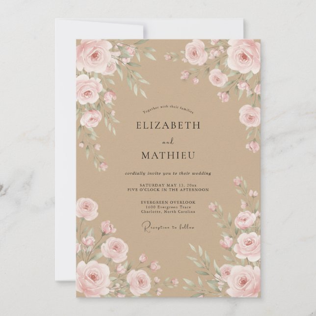 Convite Casamento de Ranúnculo de Eucalipto Rosa Macio Beg (Frente)