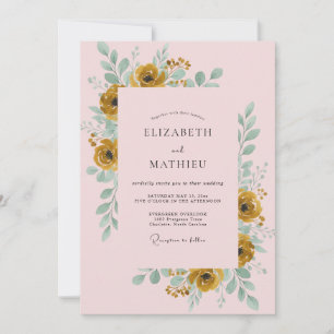 Convite Casamento de Ranúnculo Dourado com Eucalipto Rosa