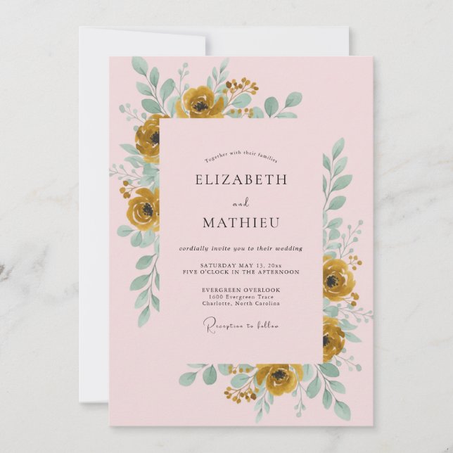 Convite Casamento de Ranúnculo Dourado com Eucalipto Rosa (Frente)