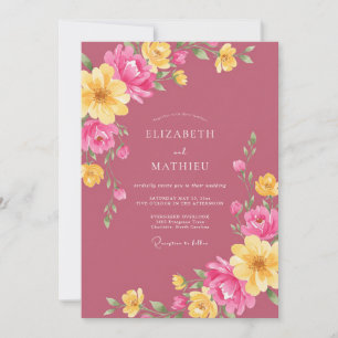 Convite Casamento de Ranúnculo Eucalipto Amarelo Magenta