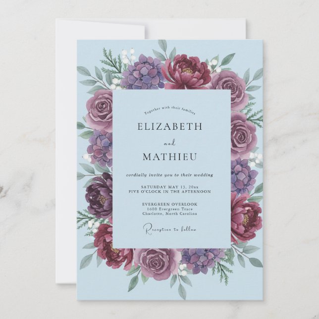 Convite Casamento de Ranúnculo Eucalipto Ameixa Periwinkle (Frente)