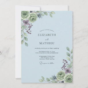 Convite Casamento de Ranúnculo Eucalipto Azul Empoeirado