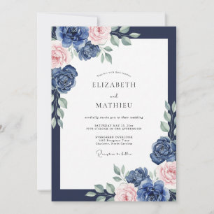 Convite Casamento de Ranúnculo Eucalipto Azul-Marinho Rosa