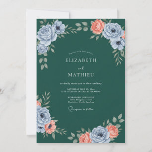 Convite Casamento de Ranúnculo Eucalipto Azul Profundo