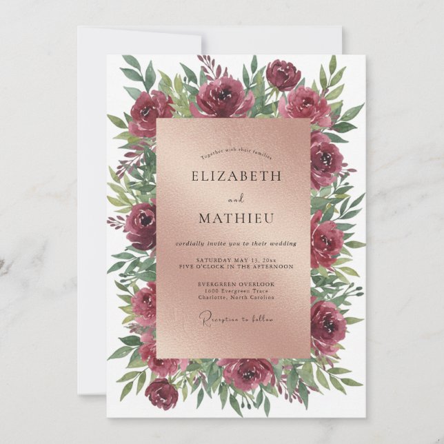 Convite Casamento de Ranúnculo Eucalipto Bordeaux (Frente)