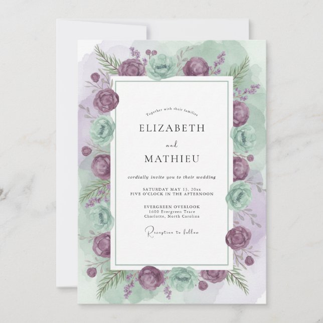 Convite Casamento de Ranúnculo Eucalipto Celadon Malva (Frente)
