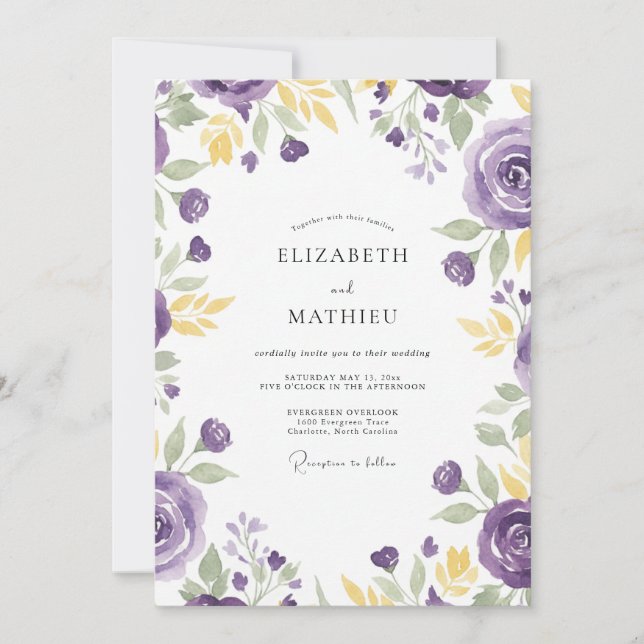 Convite Casamento de Ranúnculo Eucalipto Dourado Violeta (Frente)