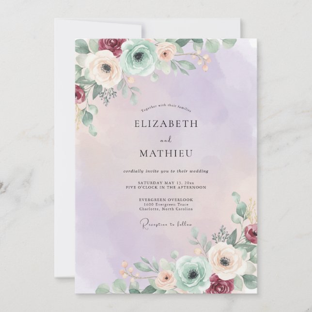 Convite Casamento de Ranúnculo Eucalipto Espuma do Mar Âmb (Frente)