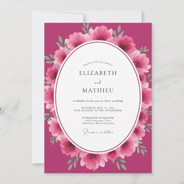 Convite Casamento de Ranúnculo Eucalipto Magenta (Frente)