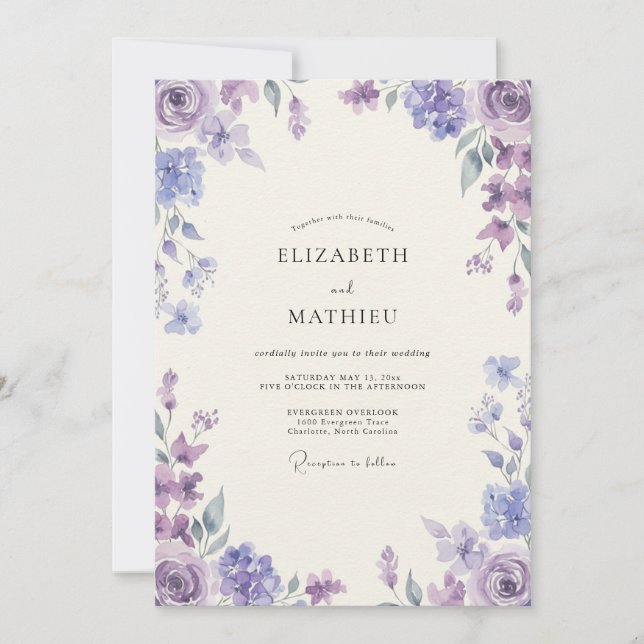 Convite Casamento de Ranúnculo Eucalipto Periwinkle Ametis (Frente)