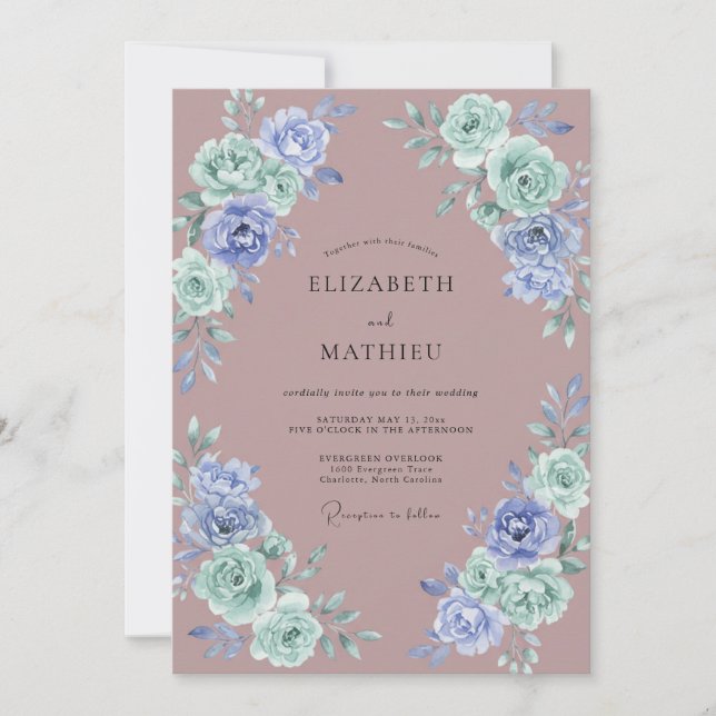Convite Casamento de Ranúnculo Eucalipto Periwinkle Roxo (Frente)
