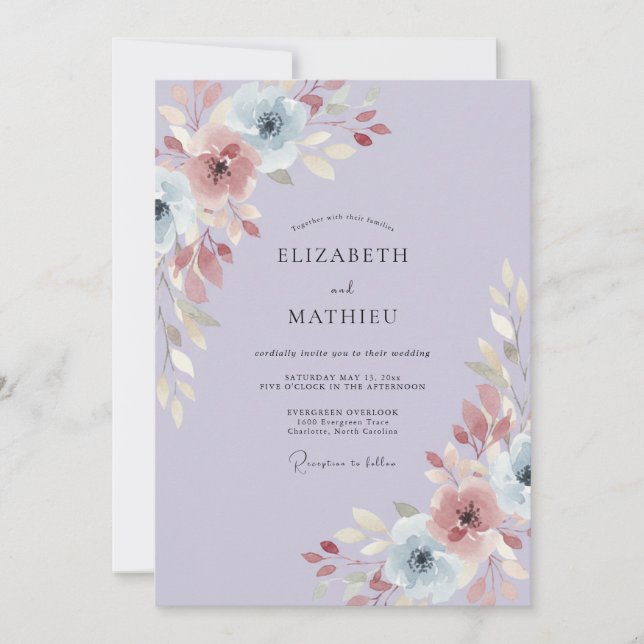 Convite Casamento de Ranúnculo Eucalipto Roxo Azulado (Frente)