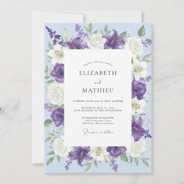 Convite Casamento de Ranúnculo Eucalipto Roxo Azulado (Frente)