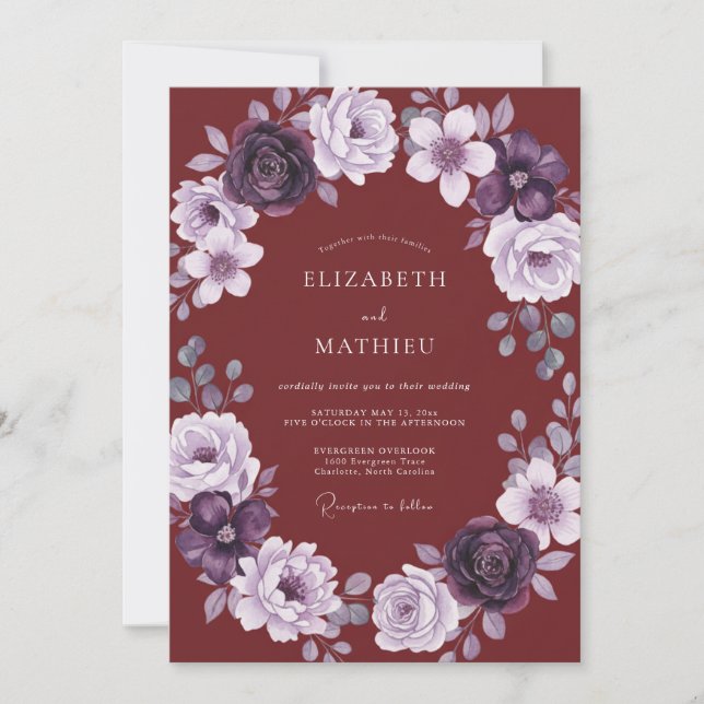 Convite Casamento de Ranúnculo Eucalipto Roxo Borgonha (Frente)
