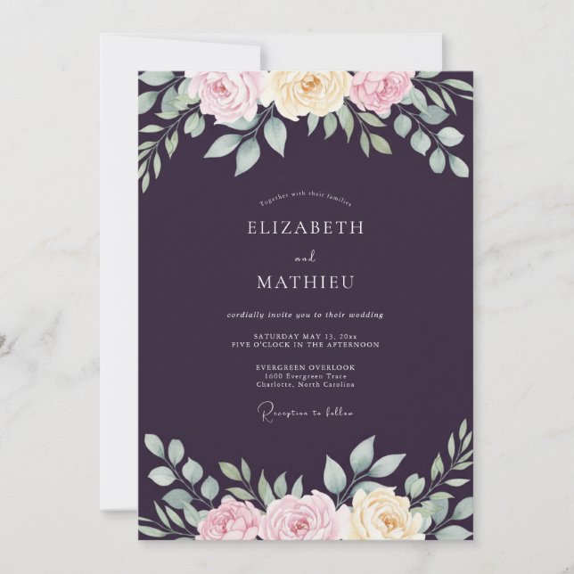 Convite Casamento de Ranúnculo Eucalipto Roxo Fundo (Frente)