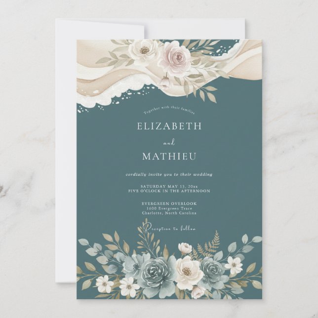 Convite Casamento de Ranúnculo Eucalipto Slate (Frente)