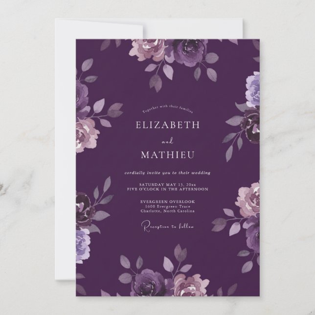 Convite Casamento de Ranúnculo Eucalipto Violeta Profundo (Frente)