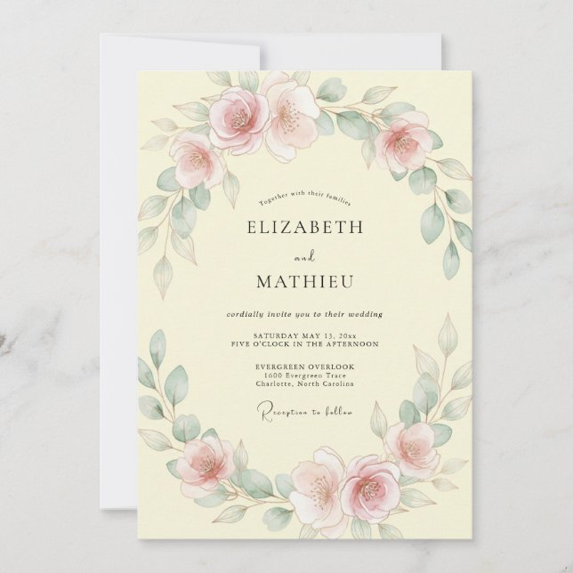 Convite Casamento de Ranúnculo Mauve Creme e Eucalipto (Frente)