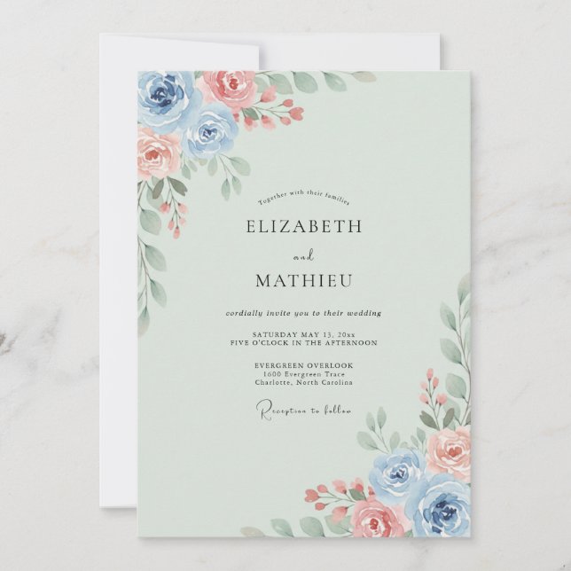 Convite Casamento de Ranúnculo Salmão Periwinkle Eucalipto (Frente)