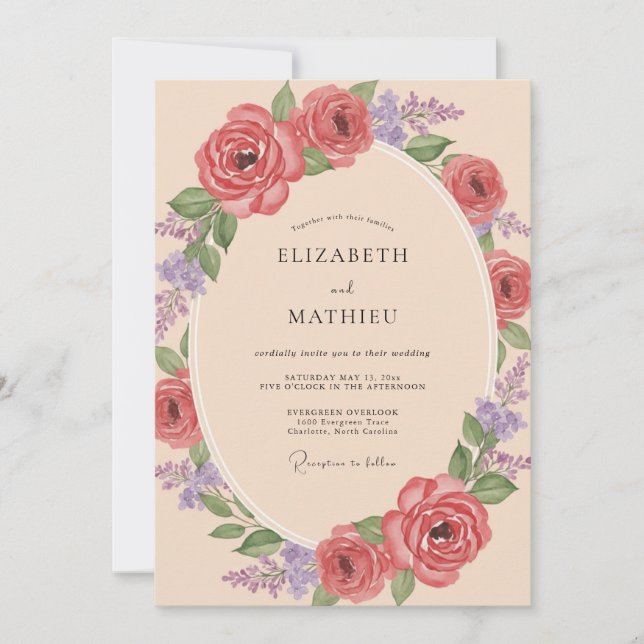 Convite Casamento de Ranúnculo Violeta Coral Eucalipto (Frente)