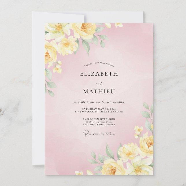 Convite Casamento de Ranunculus Amarelo Eucalipto Rosa Sua (Frente)