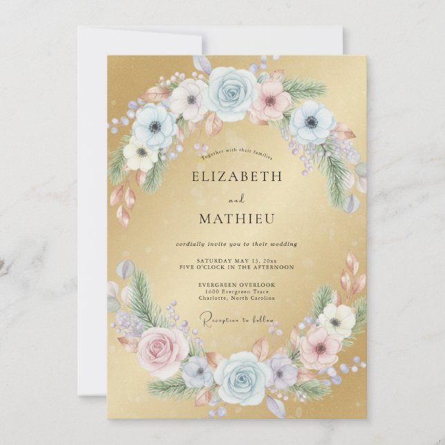 Convite Casamento de Ranunculus Azure Eucalipto Dourado (Frente)