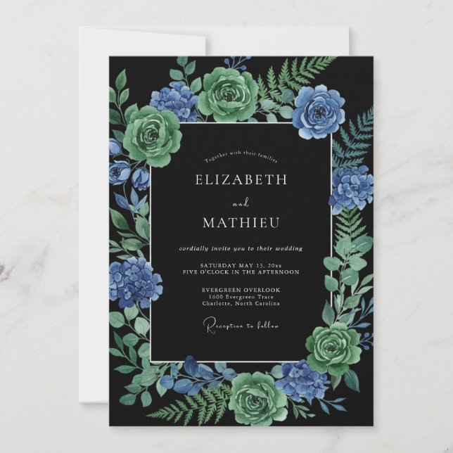 Convite Casamento de Ranunculus Ciano com Eucalipto Preto (Frente)