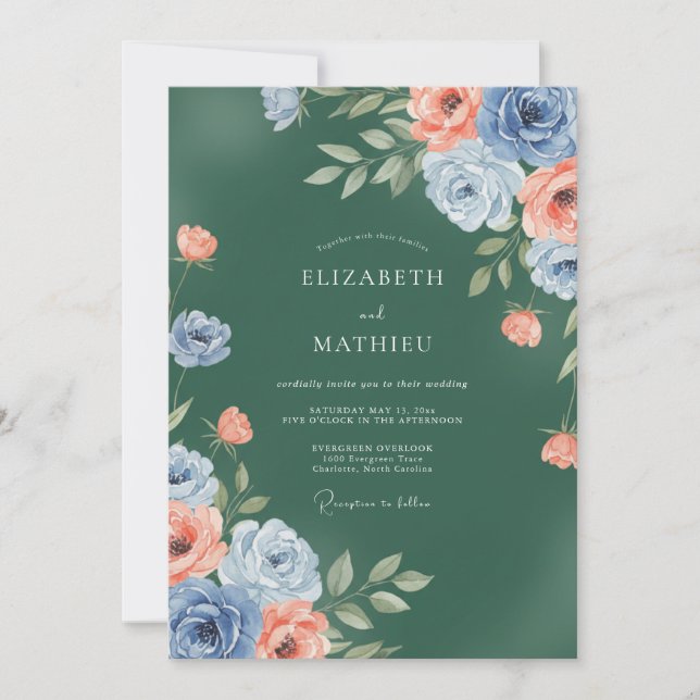 Convite Casamento de Ranunculus Corais Esmeralda Eucalipto (Frente)