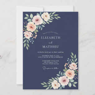 Convite Casamento de Ranunculus Coral à Meia-Noite com Euc