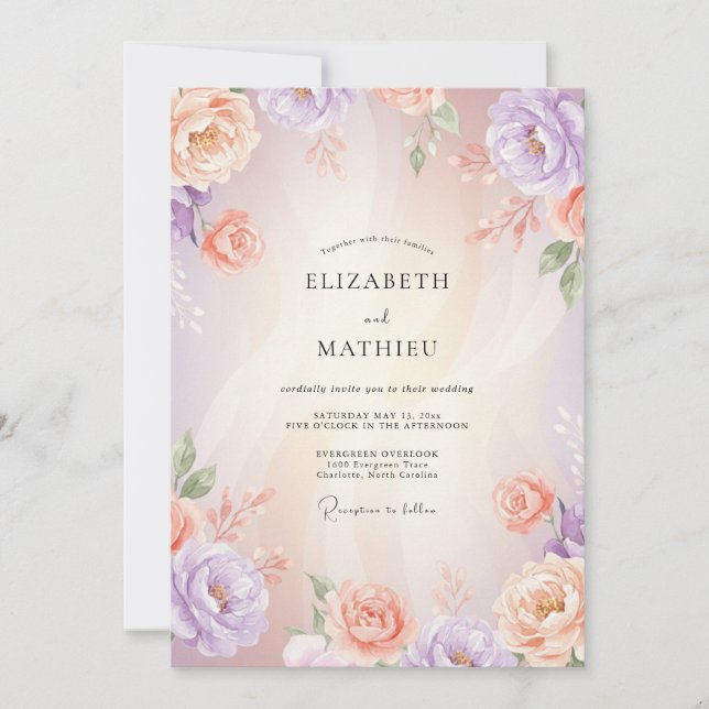 Convite Casamento de Ranunculus de Coral Lavanda Eucalipto (Frente)