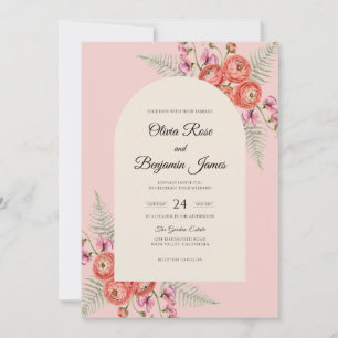 Convite Casamento de Ranunculus de Coral Rosado e Eucalipt
