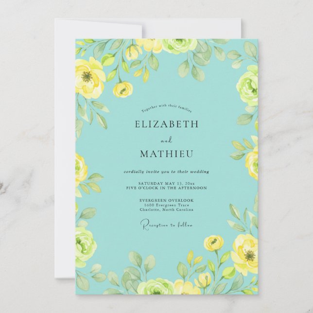 Convite Casamento de Ranunculus de Eucalipto Aqua Limão (Frente)