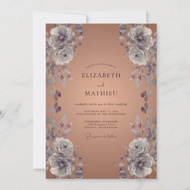 Convite Casamento de Ranunculus de Eucalipto Cobre Prata (Frente)