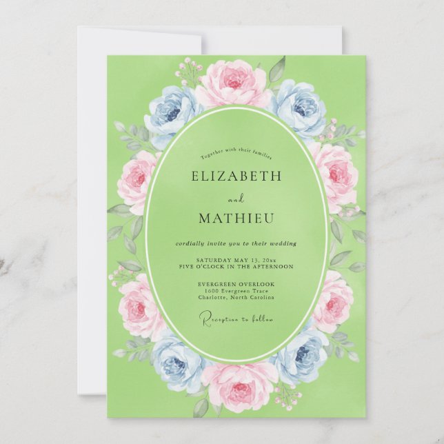 Convite Casamento de Ranunculus de Eucalipto com Pastel de (Frente)