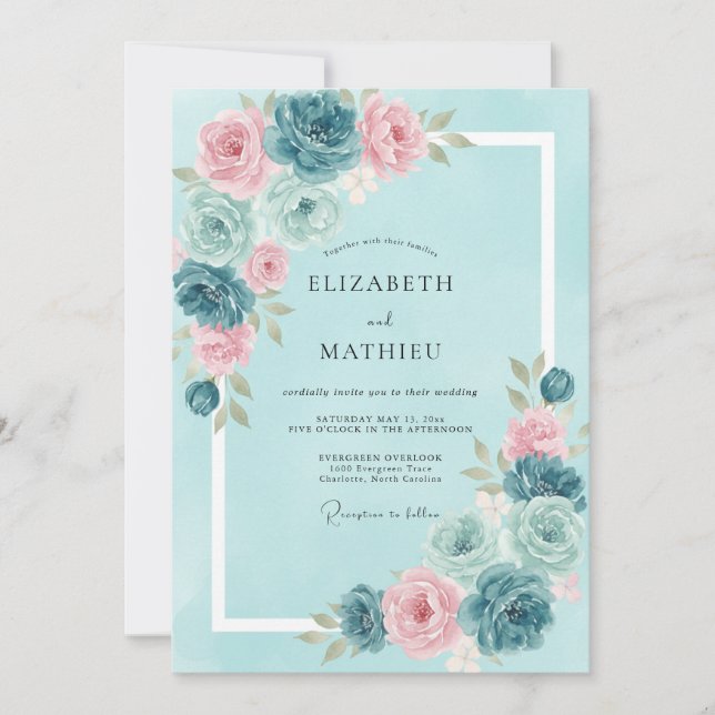 Convite Casamento de Ranunculus de Eucalipto com Rosa Aqua (Frente)