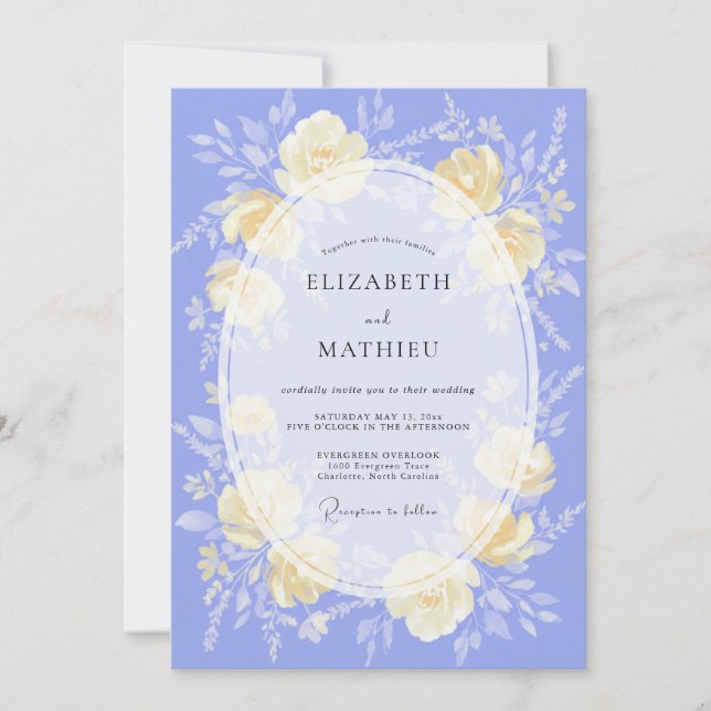 Convite Casamento de Ranunculus de Eucalipto Creme Azul (Frente)