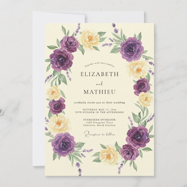 Convite Casamento de Ranunculus de Eucalipto Creme Violeta (Frente)