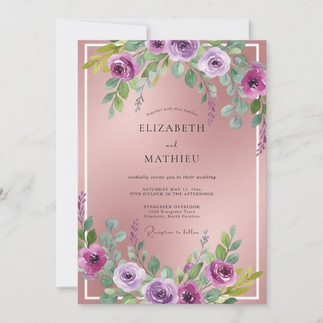Convite Casamento de Ranunculus de Eucalipto Magenta Rosa  (Frente)