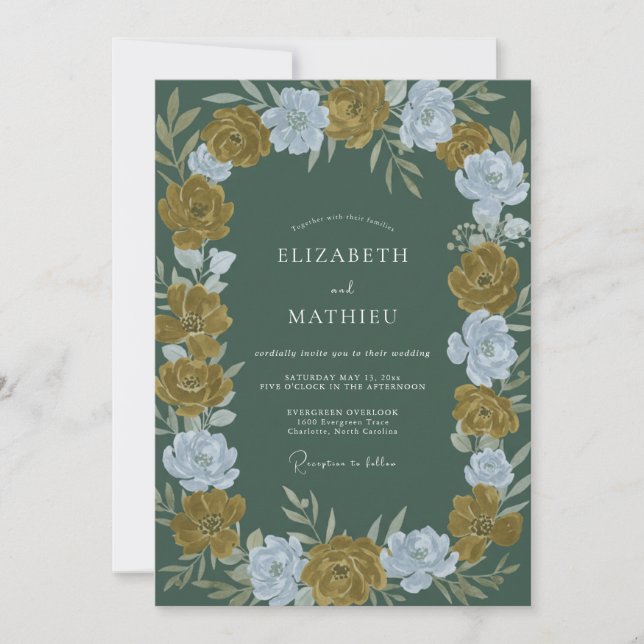 Convite Casamento de Ranunculus de Eucalipto Oliva Profund (Frente)