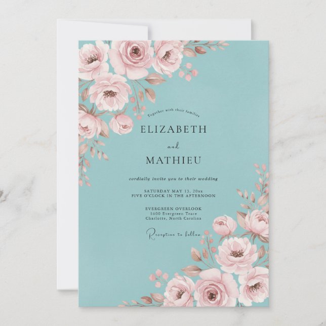 Convite Casamento de Ranunculus de Eucalipto Rosa Bege Aqu (Frente)