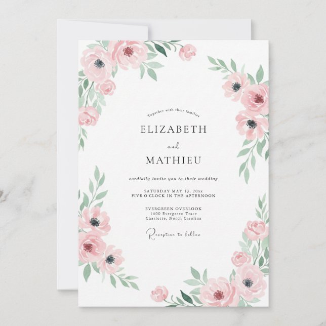 Convite Casamento de Ranunculus de Eucalipto Rosa Pálido (Frente)