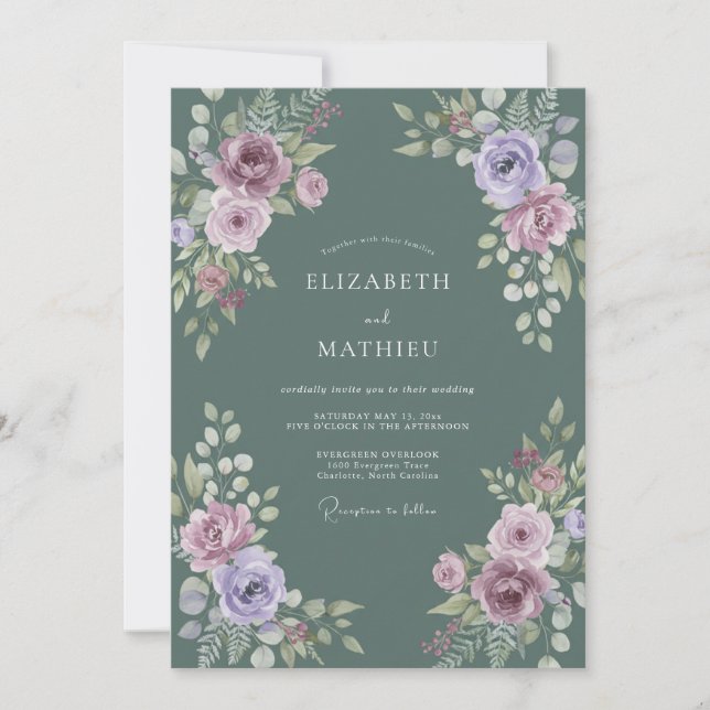 Convite Casamento de Ranunculus de Lavanda em Ardósia com  (Frente)