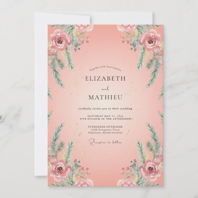 Convite Casamento de Ranunculus de Salmão com Folhagem de  (Frente)