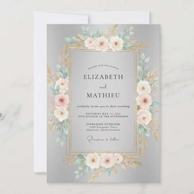 Convite Casamento de Ranunculus e Eucalipto Rosa com Brilh (Frente)